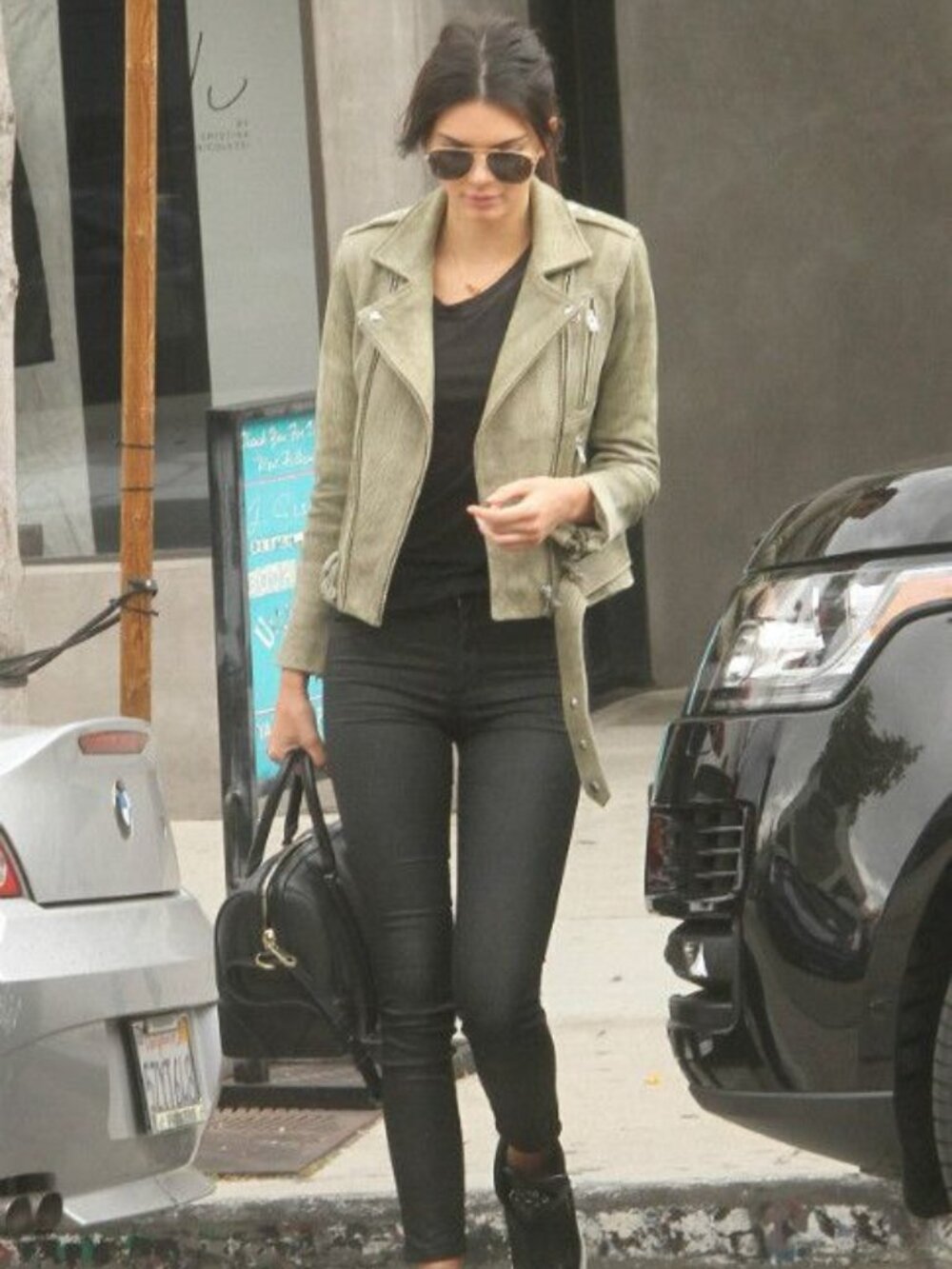 sage green IRO Jova Distressed Leather Jacket aso as seen on Kendall Jenner
